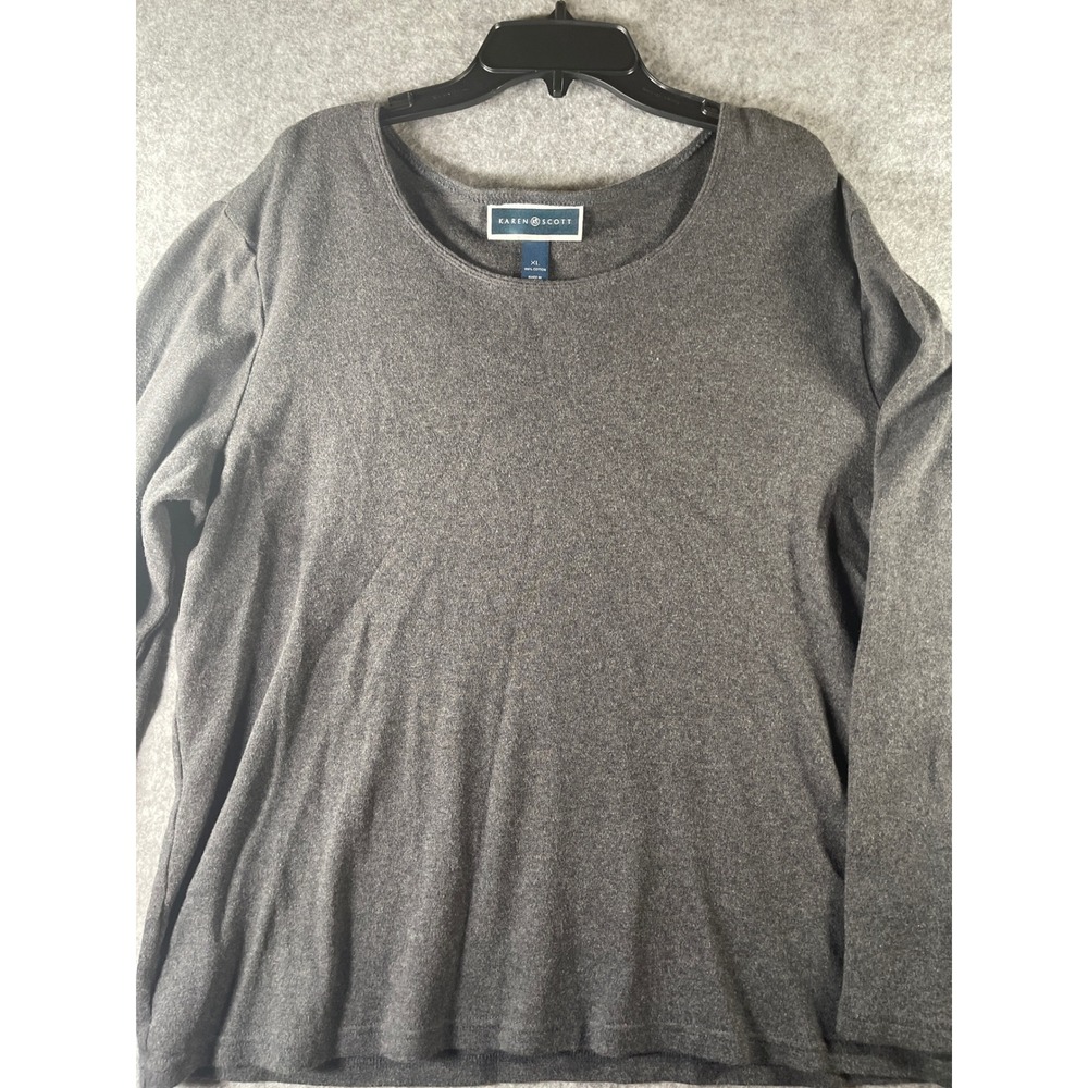 Karen Scott Womens XL Charcoal Gray Cotton Long Sleeve Scoop Neck Knit Top Shirt